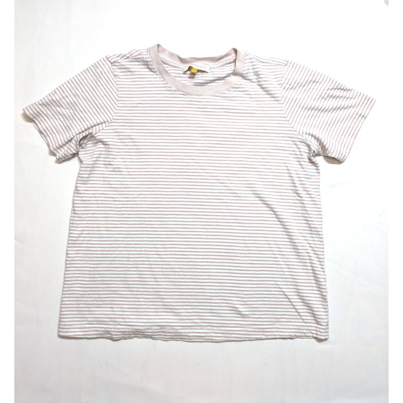 DOWNEAST Nautical Stripe Tee Shirt Top Womens M Beige & White Cap Sleeves - Picture 1 of 6